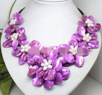 

zj 00064 eal white pearl purple mother of pearl shell Handmade flower necklace 18