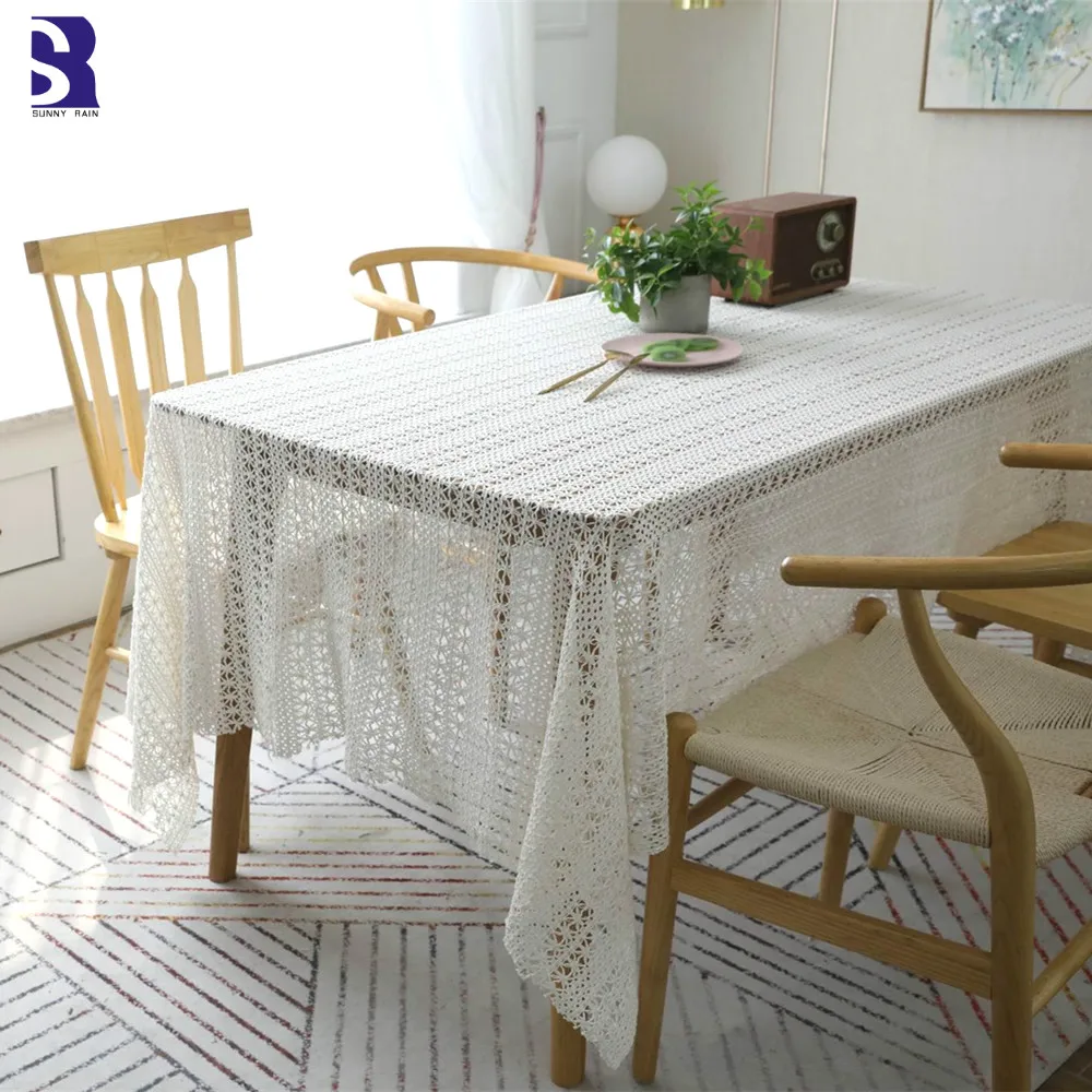 

SunnyRain 1-Piece Cotton White Crochet Tablecloth Christmas Table Cloth Rectangle Coffee Tablecloths Table Cover