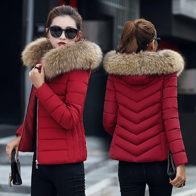 Winter Coat Women Parka Hooded Slim Fur Collar Cotton Padded Jacket ...