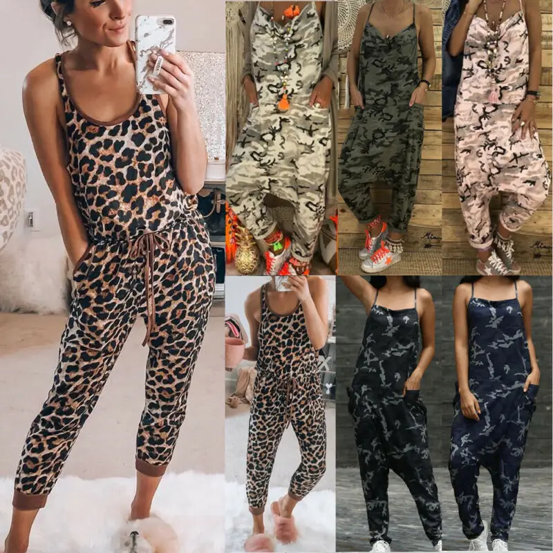 

2019 New Women Casual Loose Sleeveless Jumpsuit Dungarees Playsuit Trousers Overalls Camouflage Leopard