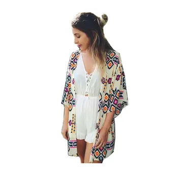 

Women's Loose Chiffon Kimono Cardigan Print Long Blouse Tops Beach Cover Up Chiffon