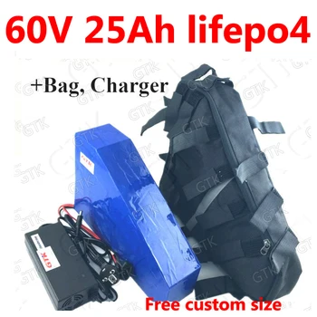 

GTK 60v 25ah lifepo4 triangle battery with BMS lithium for 60v 3000w 2000w electric bicycle bike scooter +5A charger + bag