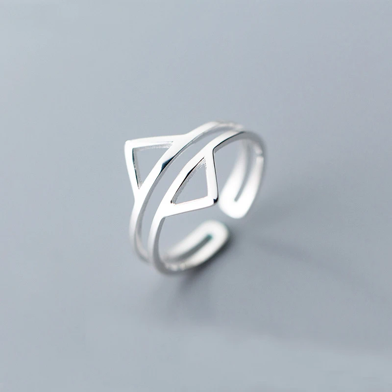 

MloveAcc New 100% 925 Sterling Silver Rings Solid Double Layer Triangles Cocktail Ring Sizable Gift Women Girls Lady