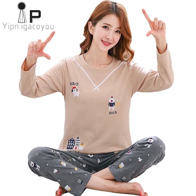 

Pajamas Women Set Long Sleeve Homewear Autumn 2019 inter Plus size Cotton Home Clothes Women Nightwear Korean Femme Sleepwear