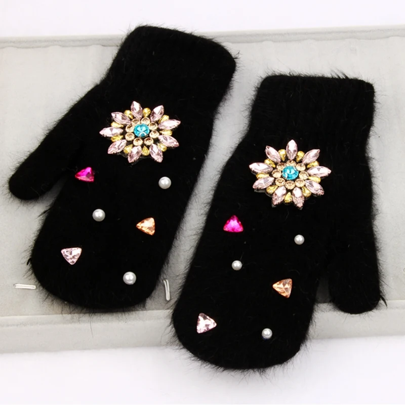Зимние перчатки женские кроличий мех супер теплые перчатки Хрустальный цветок черные варежки Зимние женские перчатки для девочек