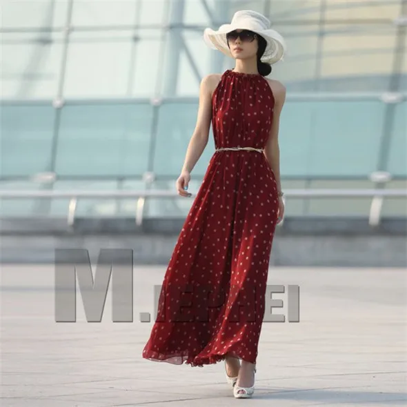 Осеннее женское тонкое Бохо длинное Макси вечернее шифоновое платье без рукавов в горошек платья с поясом Vestidos - Цвет: Красный