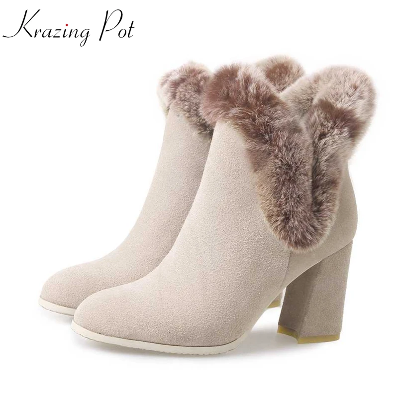 

Krazing Pot new cow suede rabbit hair round toe high heels British school winter warm concise simple basic style ankle boots L93