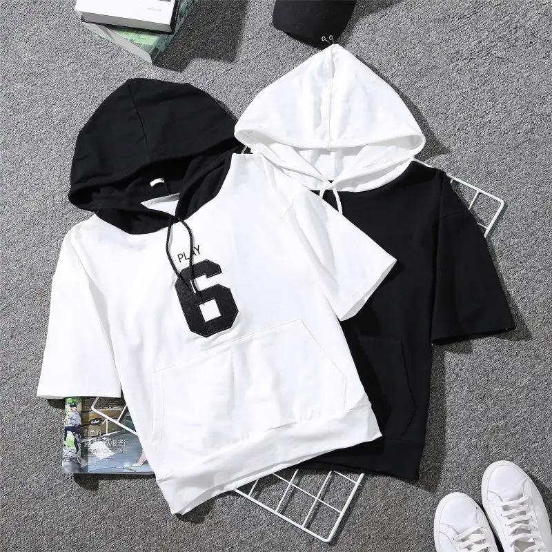 

Women Summer Letter Embroidered Hooded Tshirt Loose Short Sleeve Casual T-Shirt Harajuku Simple Wild Tops Black White Patchwork