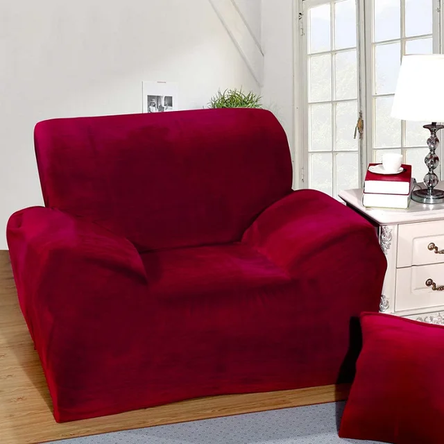 Wine red Sofa Cover Plus Velvet Fabric Elastic Slipcover Slip resistant
