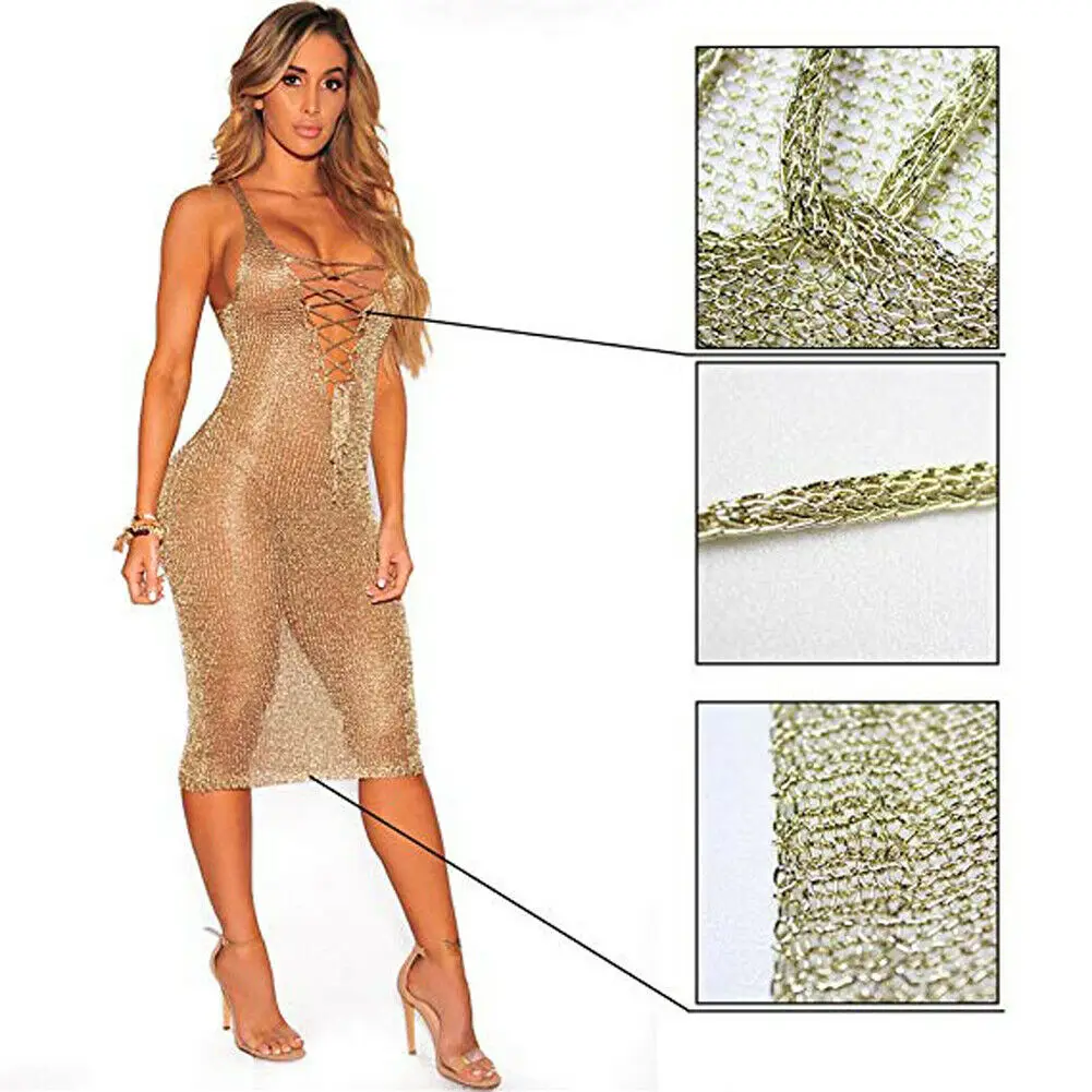 

Shinny Sequined Beachwear Women Bandage cross Neck Sheer Mesh Bikini Cover Up Swimwear Swimsuit Bathing Summer Cover-Ups Dress
