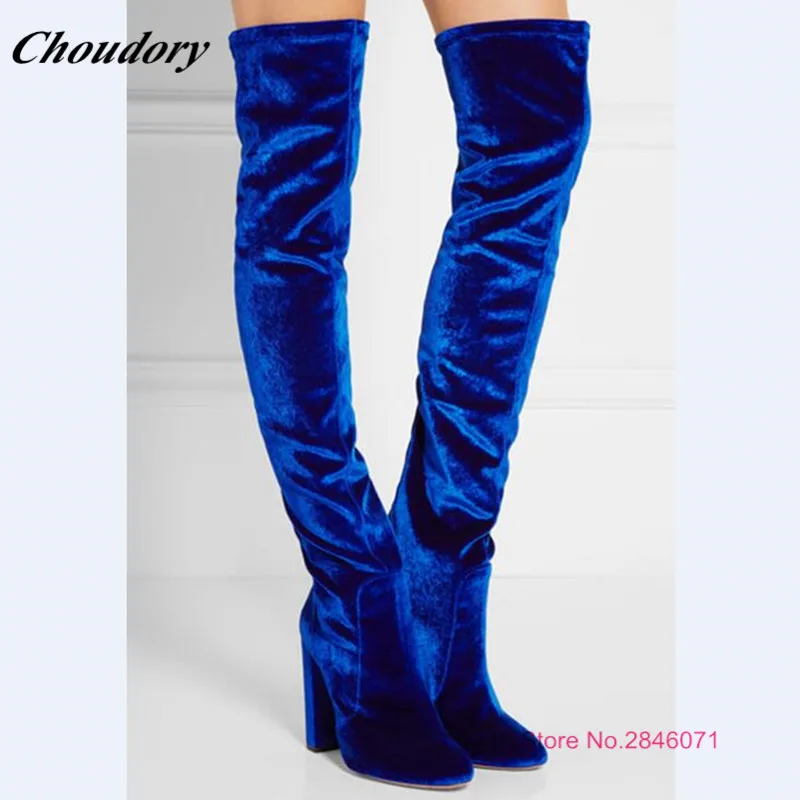 Blue Velvet Stretch Botas Mujer Chunky Heel Thigh High Boots Women Shoes Bottes Femmes 2017 Winter Over The Knee Boots 35-42