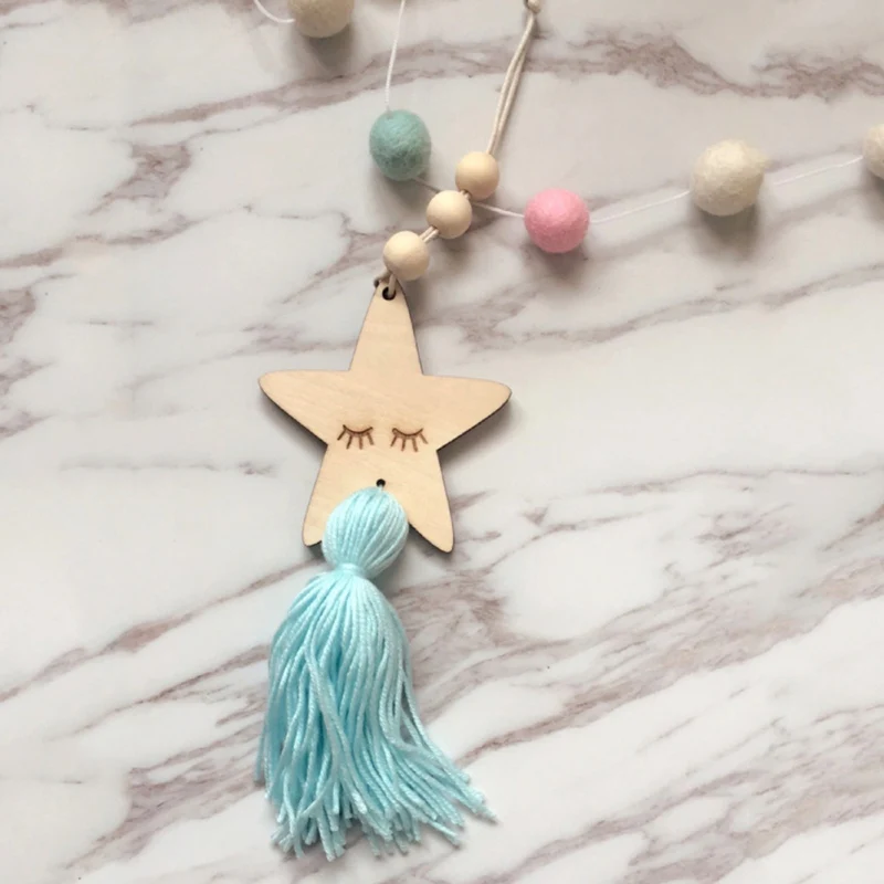 

Nordic Kids Room Decoration Crafts Sleepy Eyes Wood Eyelash Stars Decorative Wall Hanging Beads Tassel Photography Props Gift