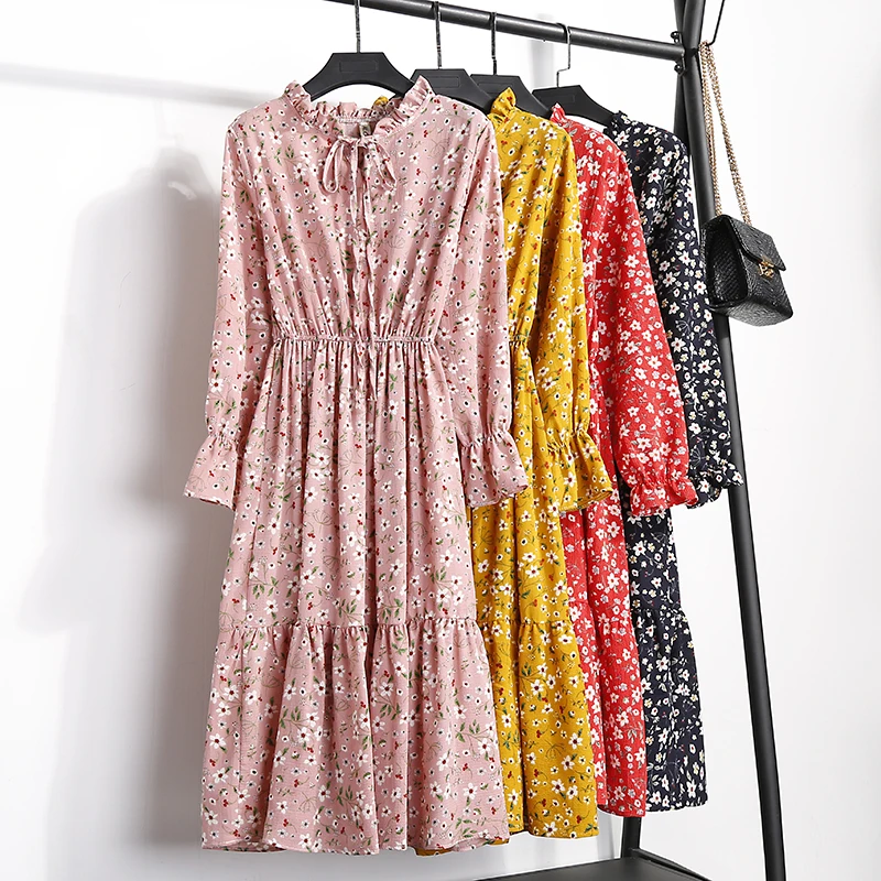 

LYJMTDBK 2019 spring and autumn new waist slimming retro floral chiffon long-sleeved dress Sen female students flowers dress