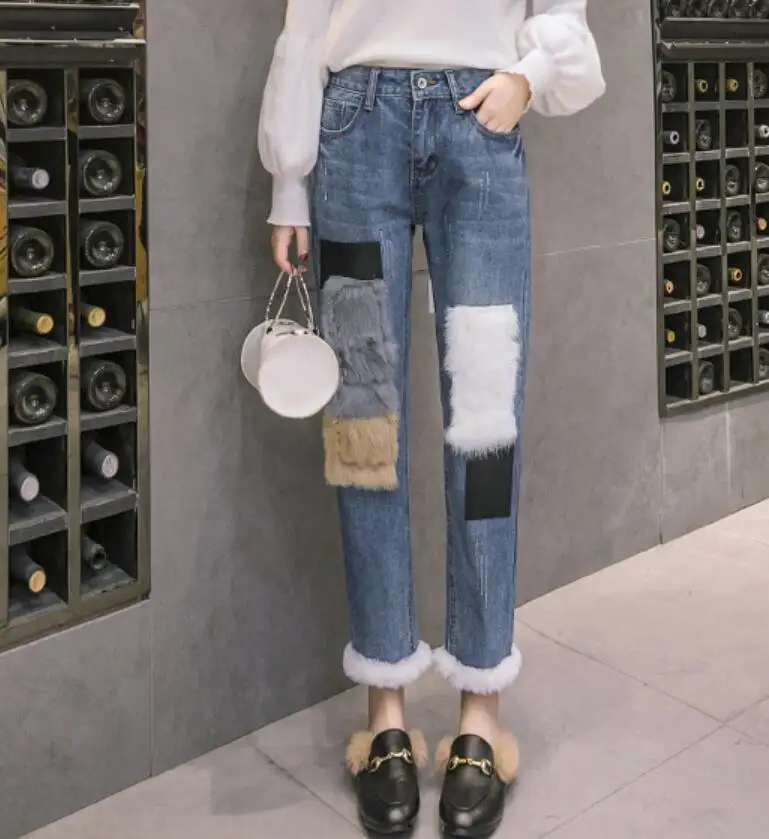 Кроличий мех осень и зима плюс бархатные джинсы женские с высокой талией Корейская версия свободные прямые шаровары брюки