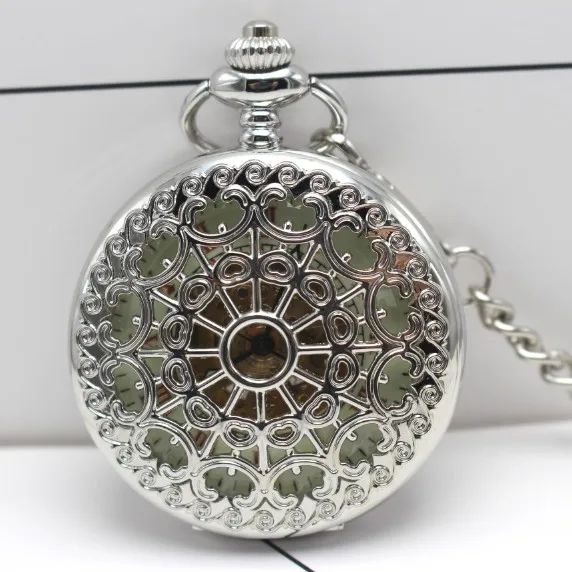 

luminous Silver Stainless-steel Unisex Baroque Womens Automatic Mechanical Pocket Watch Hollowed Lid Chain Luxury Fob Watches