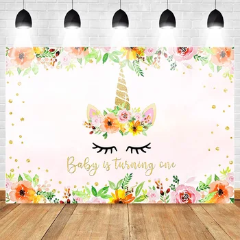

Neoback Unicorn Themed Birthday Background Baby One Birthday Photography Backdrop Flowers Glitter Cake Table Banner Decoration