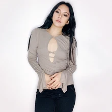 Ins/пикантная футболка с длинными рукавами и тонким роговым принтом, облегающая женская осенне-Весенняя футболка с расклешенными рукавами