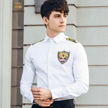 

FANZHUAN free shipping Men'S male man 2018 New autumn winter slim Military sharp collar buttoned white long-sleeved Shirt 822072