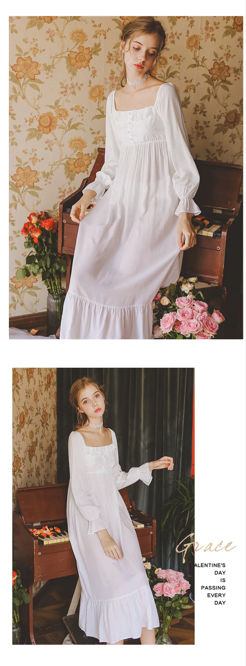 Vintage Night Dress Autumn Women Sleepwear White Cotton Homewear Square Collar Sleepdress Long Sleeve Nightgown Sleepshirts