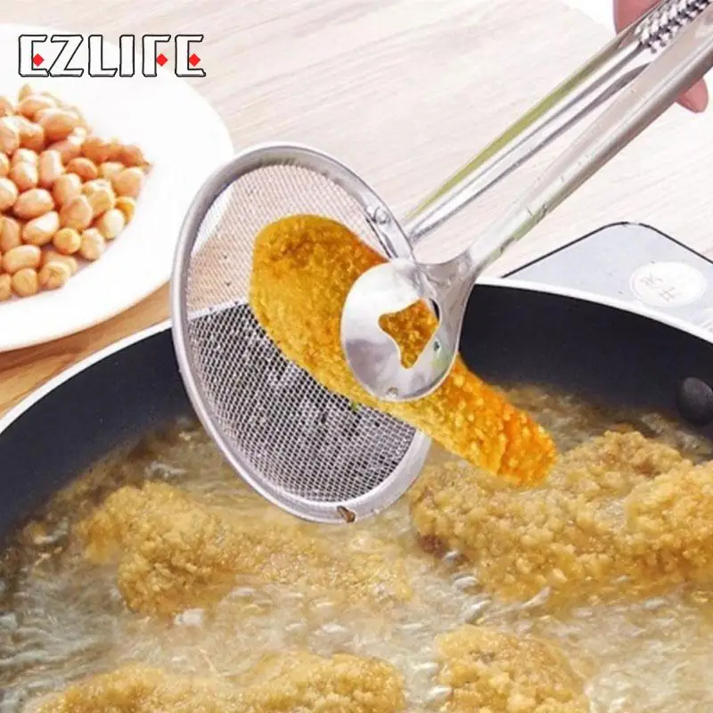 

New Multi-functional Filter Spoon With Clip Food Kitchen Oil Frying BBQ Filter Stainless Steel Clamp Strainer Kitchen Tools