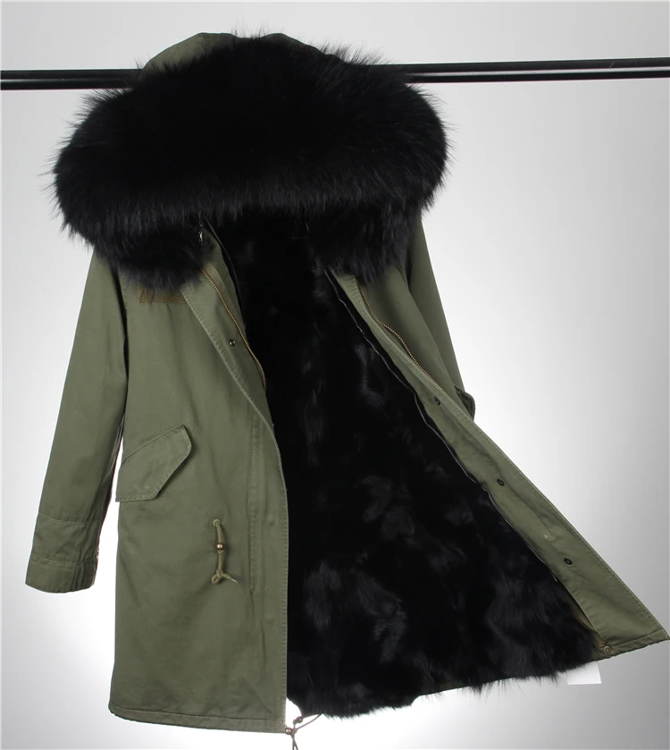 Зимняя куртка фирменный стиль Серебряный армия зеленый большой енота меховым воротником пальто парки верхняя одежда длинный съемный лисий мех внутри с капюшоном