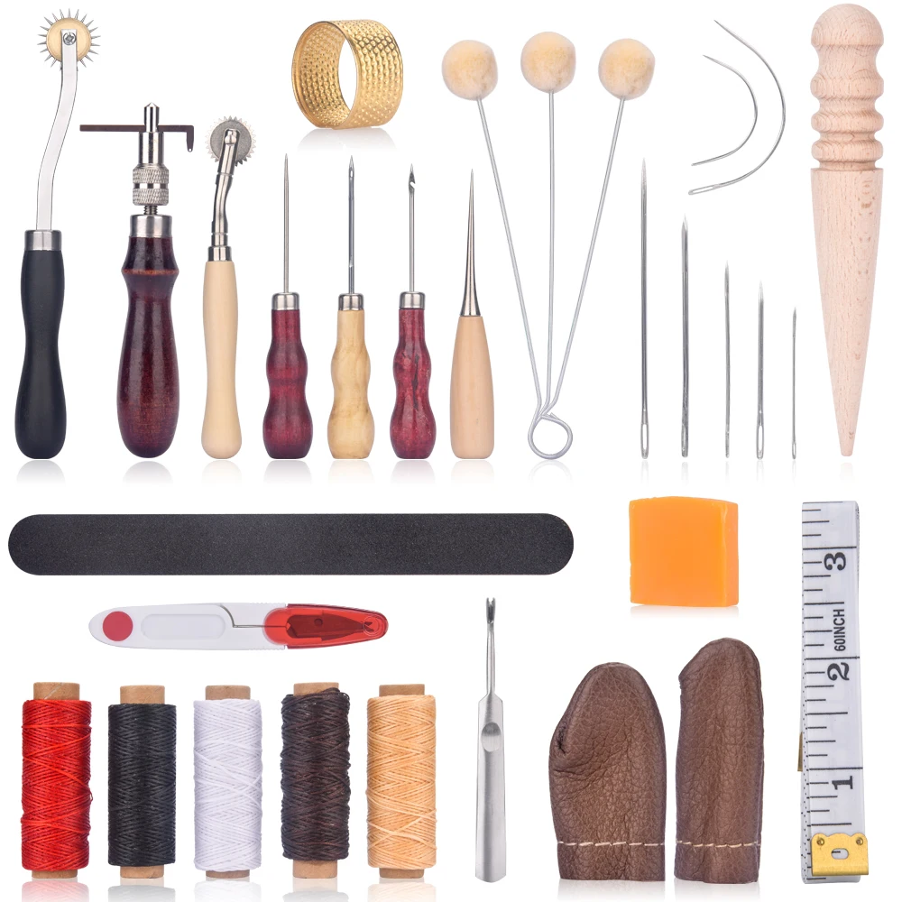 

31pcs Leather Craft Tools Kit Hand Sewing Stitching Punch Carving Work Saddle Professional Leathercraft Accessories Wax Thimble