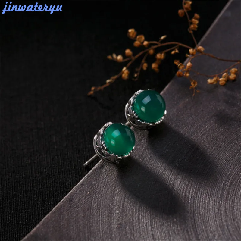 

jinwateryu 2018 Fashion Jewelry 925 silver sterling Earring Stud for Women girl green chrysoprase blue white red yellow earrings