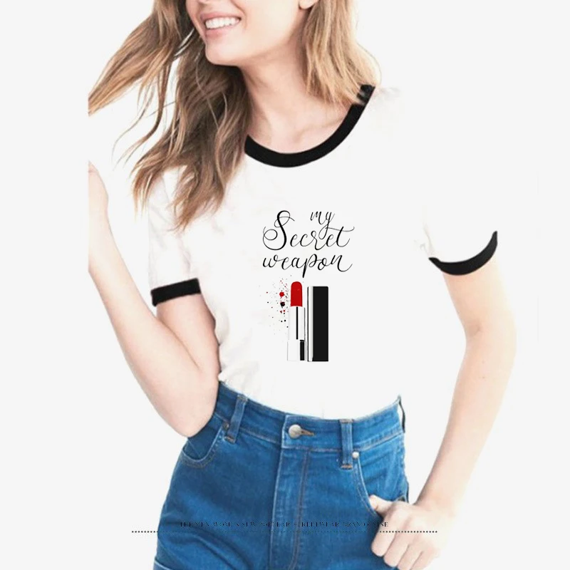 Las mujeres vogue t camisa mi arma secreta lápiz labial blanco impreso camiseta mujer camisetas mujer cuello redondo Camiseta mujer camiseta Las mujeres vogue t camisa mi arma secreta lápiz labial blanco impreso camiseta mujer camisetas mujer cuello redondo Camiseta mujer camiseta