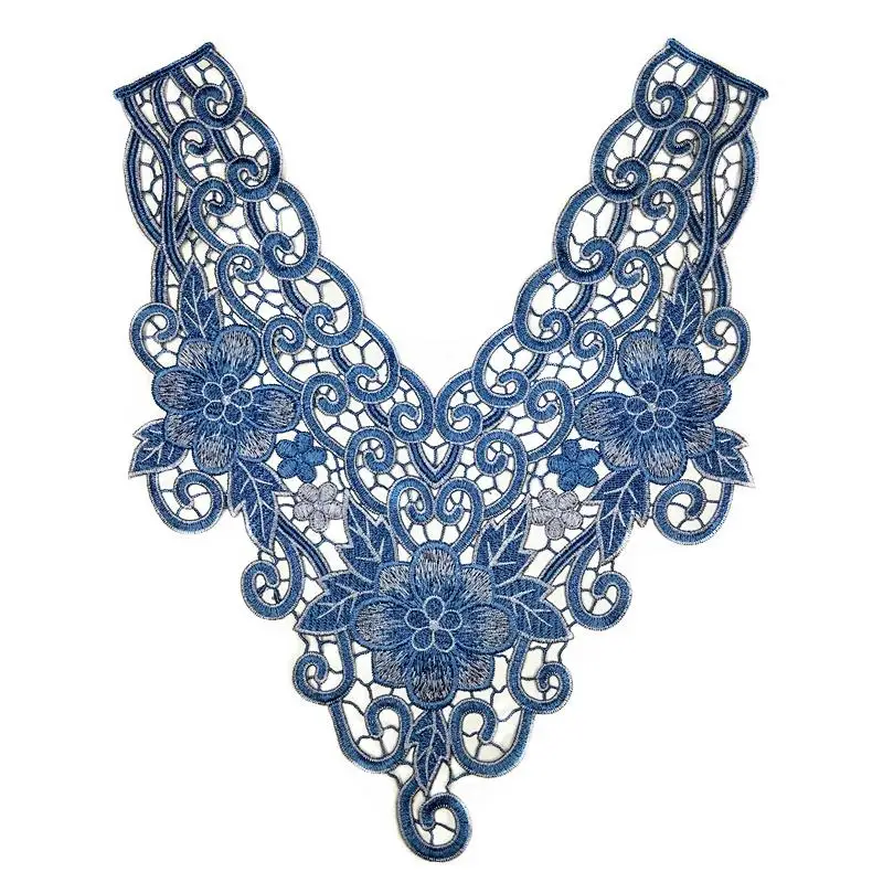 

1PC x Long Blue Flower Embroidery Neckline Lace Applique Trim Collar Black Base Sewing DIY Crafts NL009