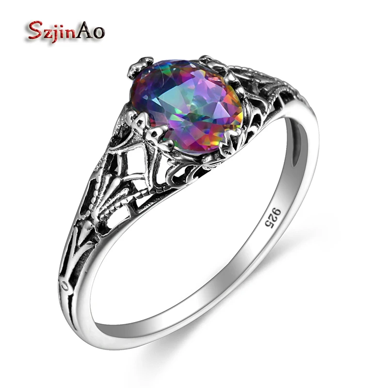 

Szjinao Fashion 925 Sterling Silver Rings For Women Mystic Rainbow Topaz Vintage Oval Cut Wedding Jewelry Wholesale