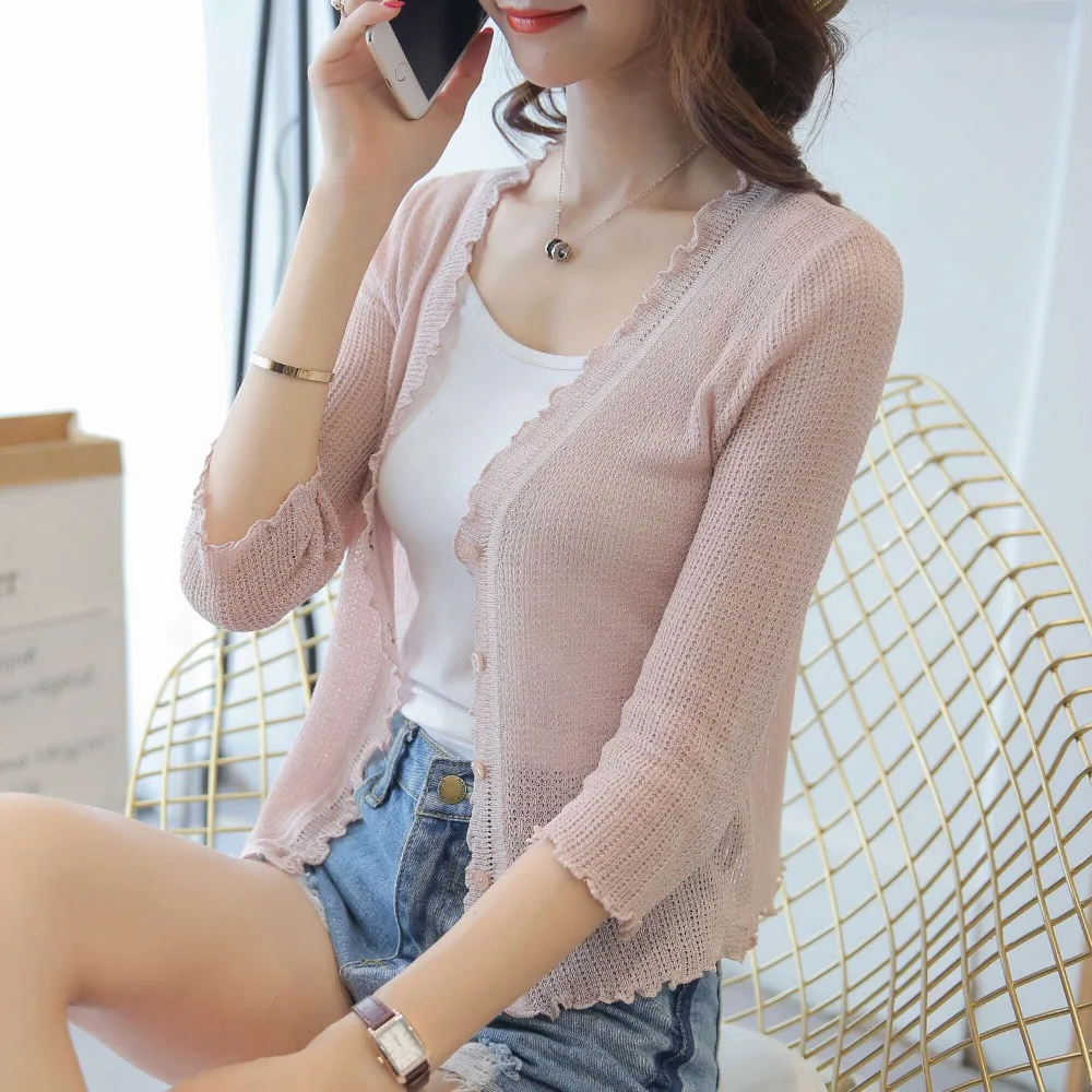 

2019 Spring And Summer New Style Of Pure Color Ice Silk Cardigan Summer Short Style Air Conditioning Knitted Cardiga