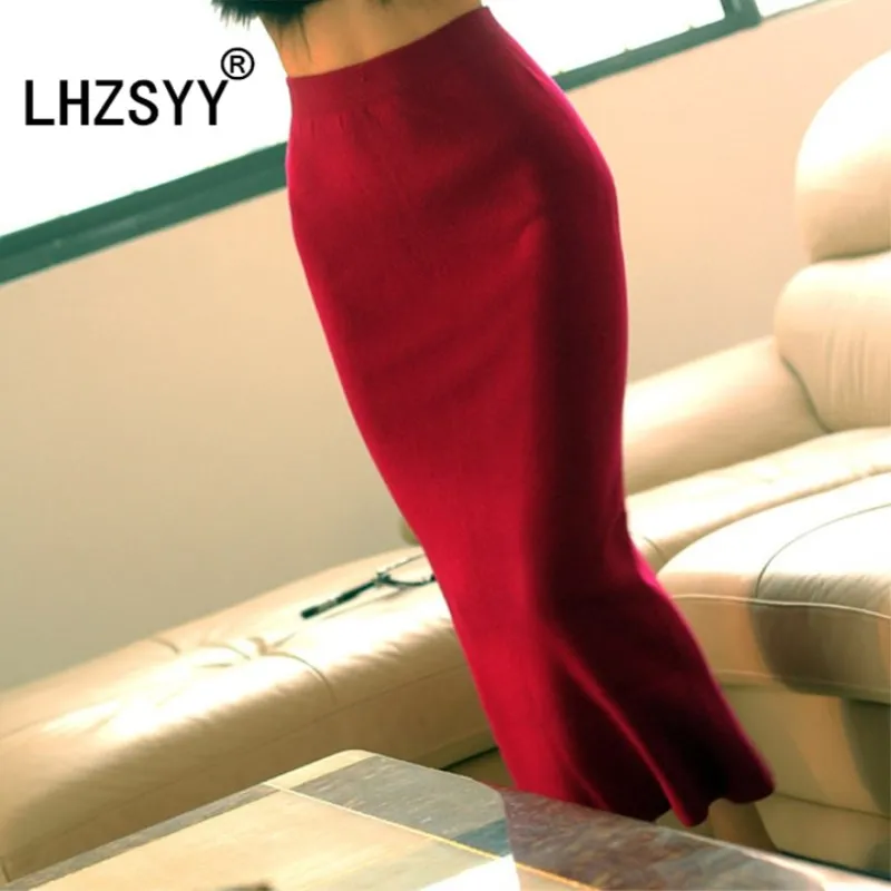 

LHZSYY Autumn Winter Ladies Cashmere Knit Half-Length Skirt After fork High Waist Package Hip Slim Wool Sexy Solid Long Skirt