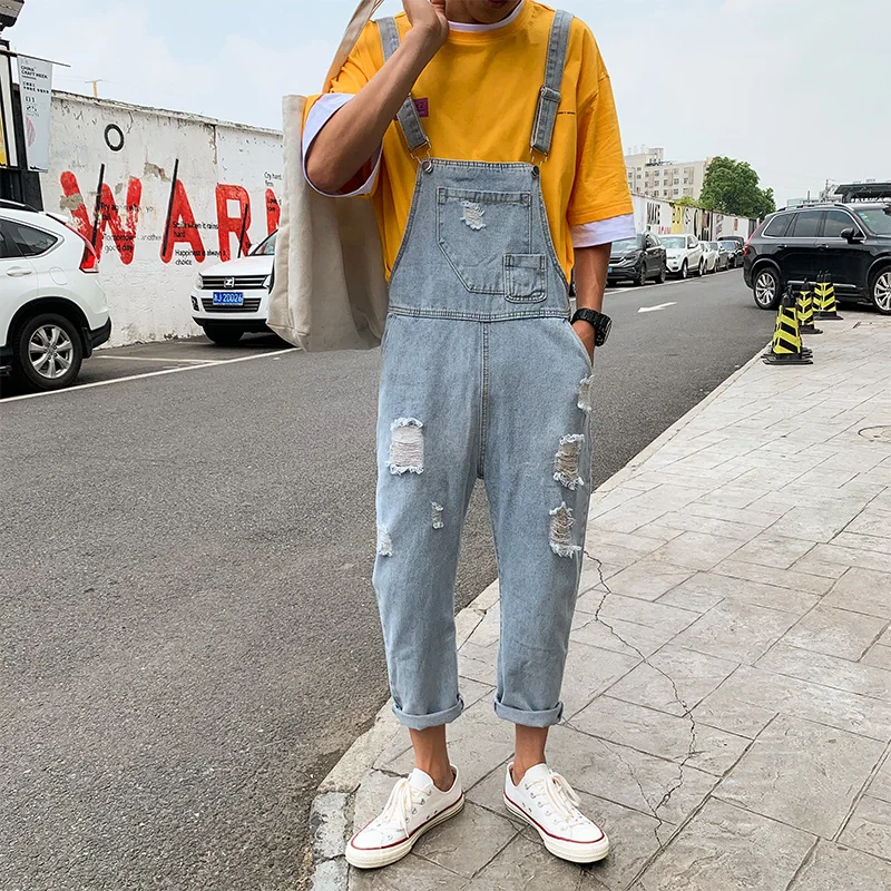 

Ripped Jeans Jumpsuit Overalls Ankle-Length Male Denim Fashion Mens Bib