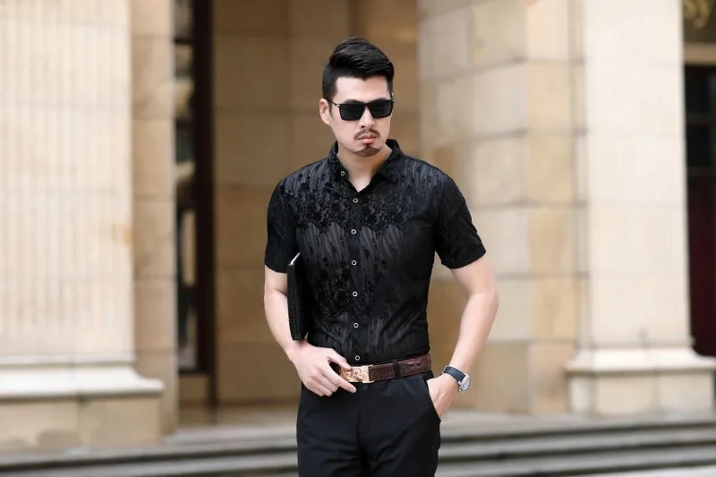 2019 Camisa социальной моды уличная рубашка Прозрачный бархатный с короткими рукавами рубашка Camisa Hombre Гавайский человек Camicia Uomo