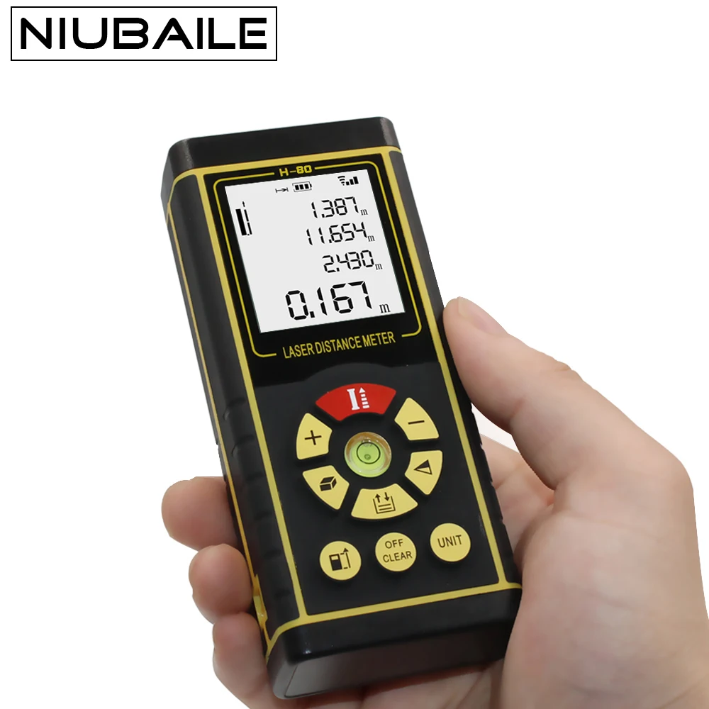 

NIUBAILE 80M Laser Rangefinder Laser Tape Ruler Test Tool Electronic Digital Laser Distance Meter Area Volume Measurement H80-Y