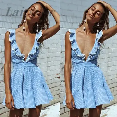 

2018 summer Women sexy Ruffles dresses Boho Striped dress V Neck Sleeveless high Waist lace Up Backless beach Vestidos A490129