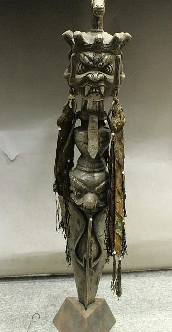 

28" Old Tibet Buddhism Bronze Ritual Horse Head Mahakala Phurba Dagger Holder