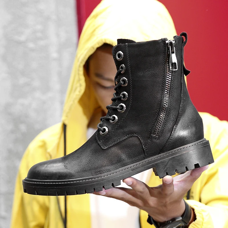 

2019 Winter Waterproof Leather For Men Shoes Motorcycle Boots Man Shose Outdoor Cowboy Boot Male Booties Black High Top Sneakers