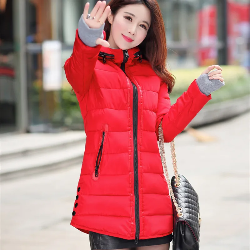Женское зимнее теплое пальто с капюшоном, плюс размер, яркая хлопковая куртка женская с подкладкой, длинная Парка женская s - Цвет: Red