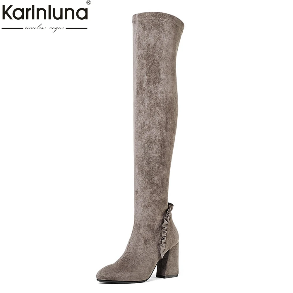 

KARINLUNA 2018 Cow Suede Leather Hoof High Heels Women Shoes Woman Boots Over The Knee Boots Female Long Boots Woman