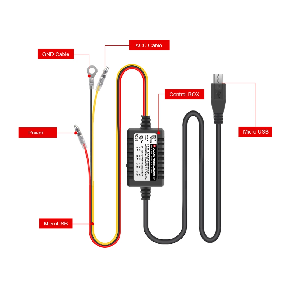 4 Ruccess K03 Micro USB Power Hardwire Kit 4 Protecting Band 12V 24V To 5V With Parking Guard For Car DVR Dash Camera