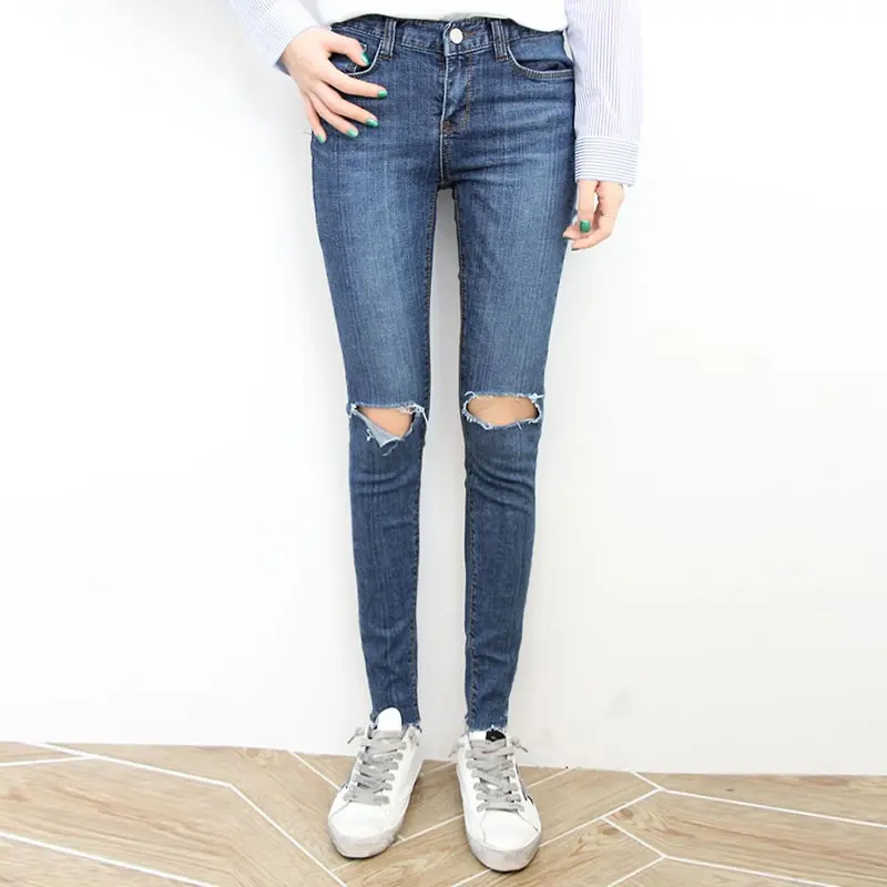 

2017 Women Skinny Jeans Blue New Spring Fashion Pencil Pants Denim Strech Hole Ripped High Waist Plus Size Jeans ripped jeans