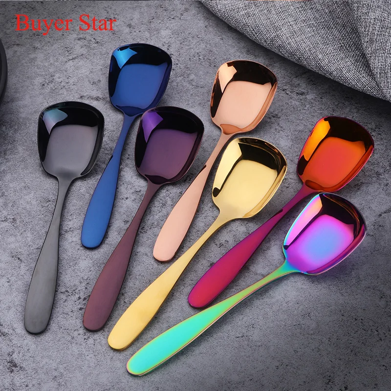 

3PCS 18/10 Stainless Steel Ice Cream Spoon Square Head Coffee Dessert Cake Sugar Spoon For Kitchen Cafe Rainbow Tableware 3 size