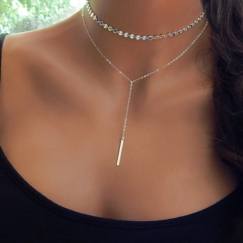 

Simple Meatl Stick Sequins Exquisite Choker Chain Necklace Gold Silver Women Tassel Layered Neck Jewelry