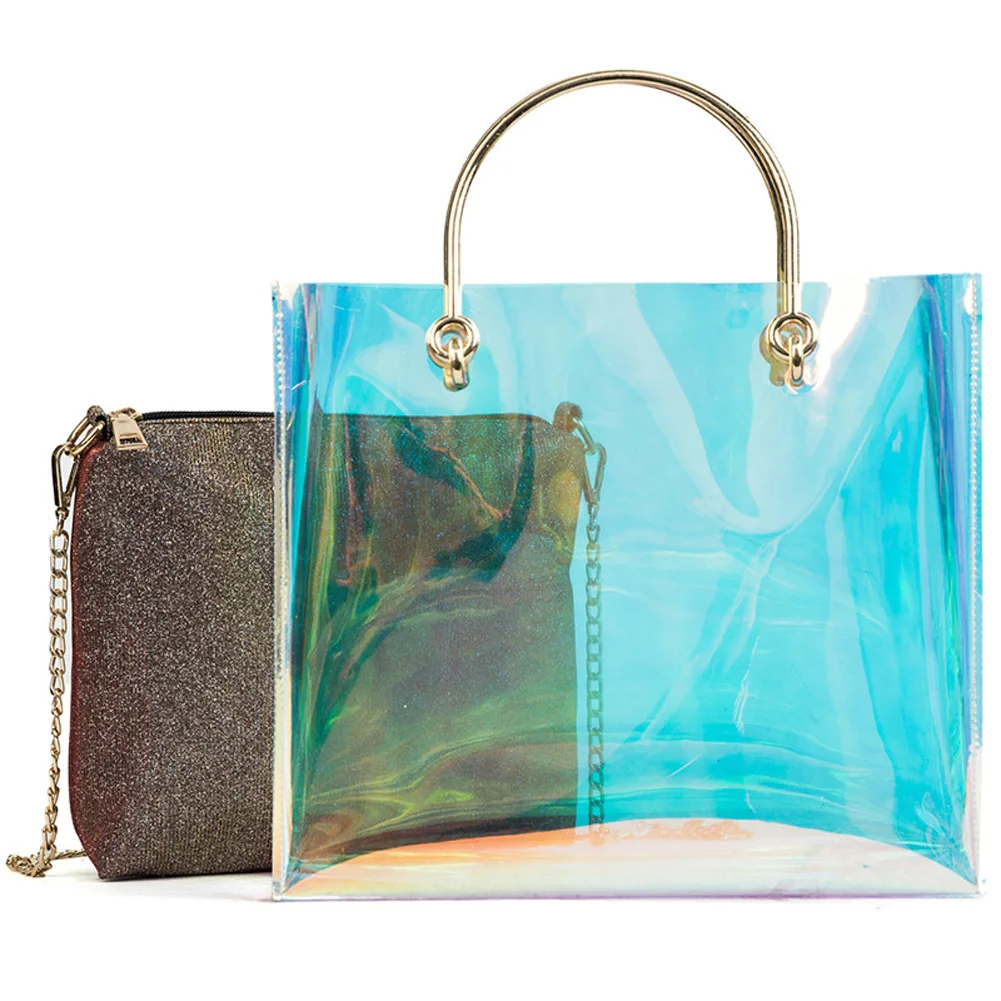 

New arrivals holographic beach bag for women 2018 fashion transparent handbag 2Pcs laser shoulder bag clear PVC women tote bags