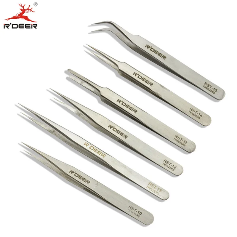6pcs Precision Tweezers Set Thicken Stainless Steel Electronics Forceps