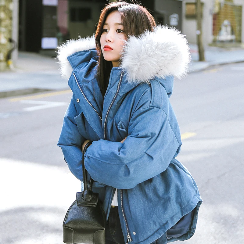 Tnlnzhyn Capuchon Court En Jean Veste Bas Vers Fourrure Hiver Femmes Manteau Denim Épais 2018 New Col Color À Coton Photo Chaud E417 De Le Mode 7xwF11