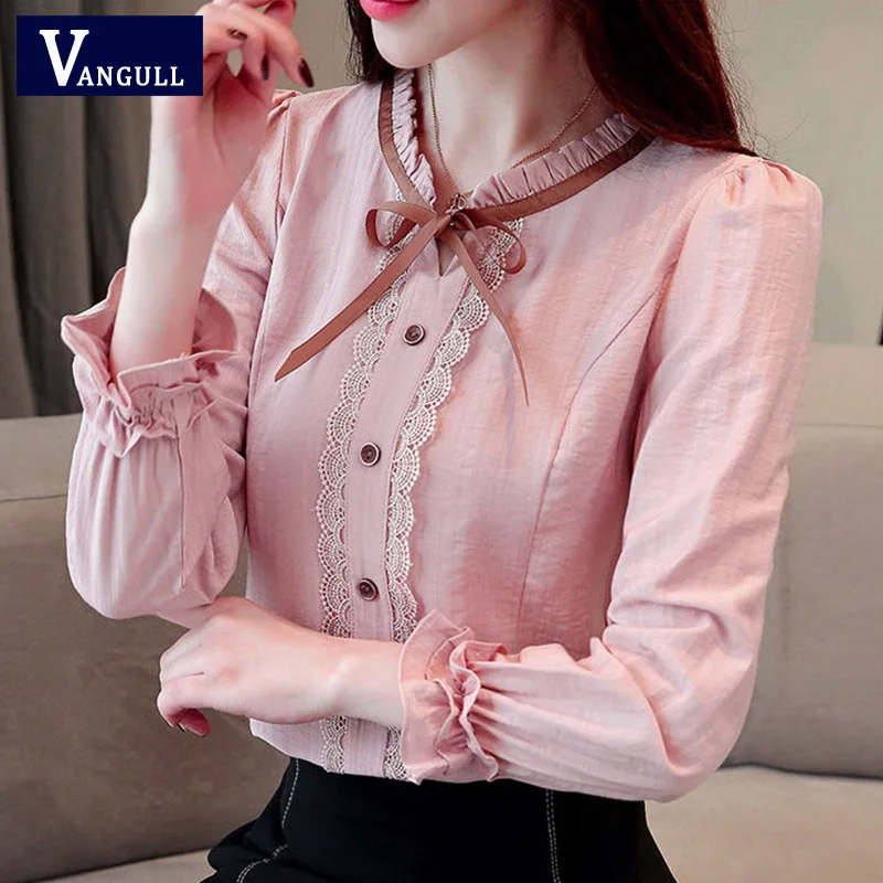 

Vangull Fashion Womens Tops and Blouses 2019 Cotton Blouse Shirt Long Sleeve Women Shirts Bow Collar Office Lady Blouse Lace New