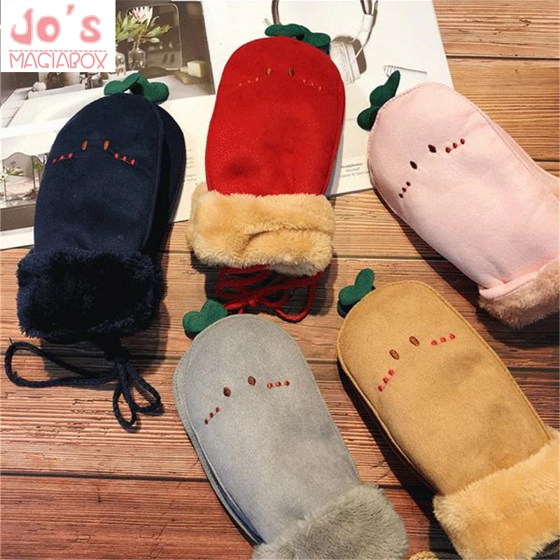 

Kawaii Women Gloves Winter Plus Velvet Thickening Cartoon Green Leaf Expression Embroidery Mittens Sweet Style Keep Warm Gloves