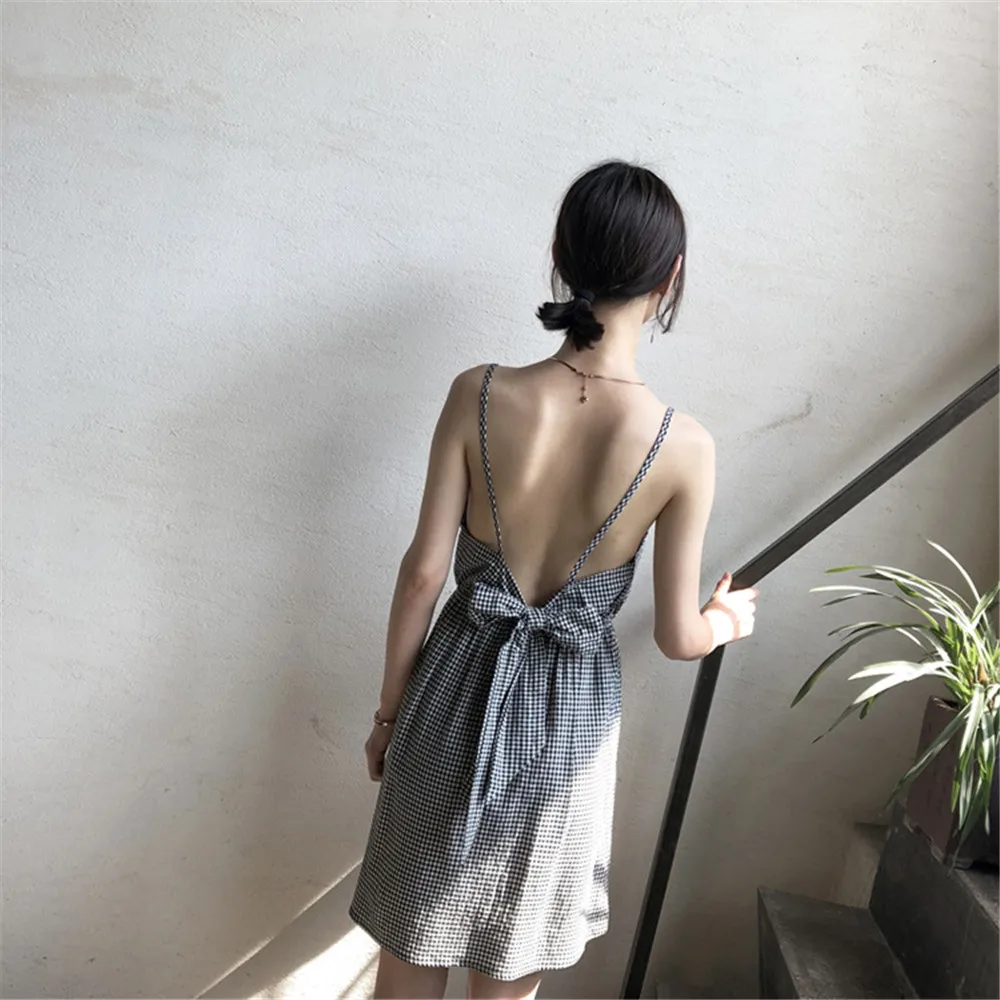 Sexy Backless Beach Dress 2018 Summer 2 types Short&long Plaid Vacation Dress Casual Vestidos Strapless Women Bow Dresses (31)